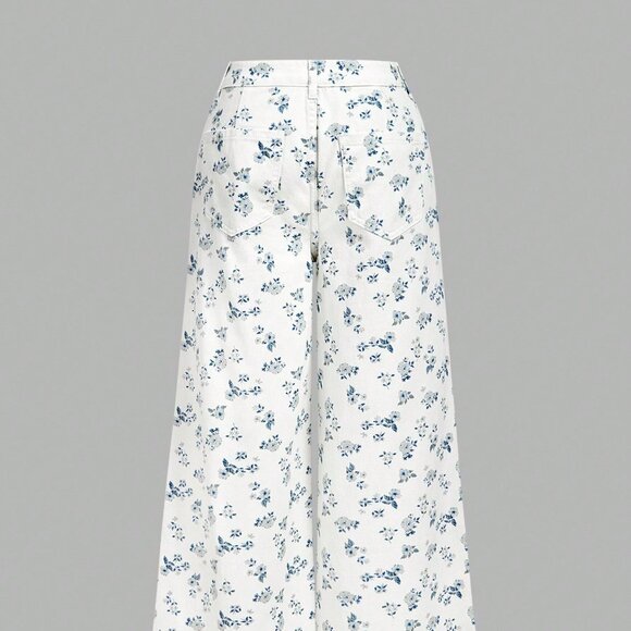 Light Wash Boho Women's Casual Loose Fit Wide Leg Ditsy Floral Jeans - Picture 4 of 6